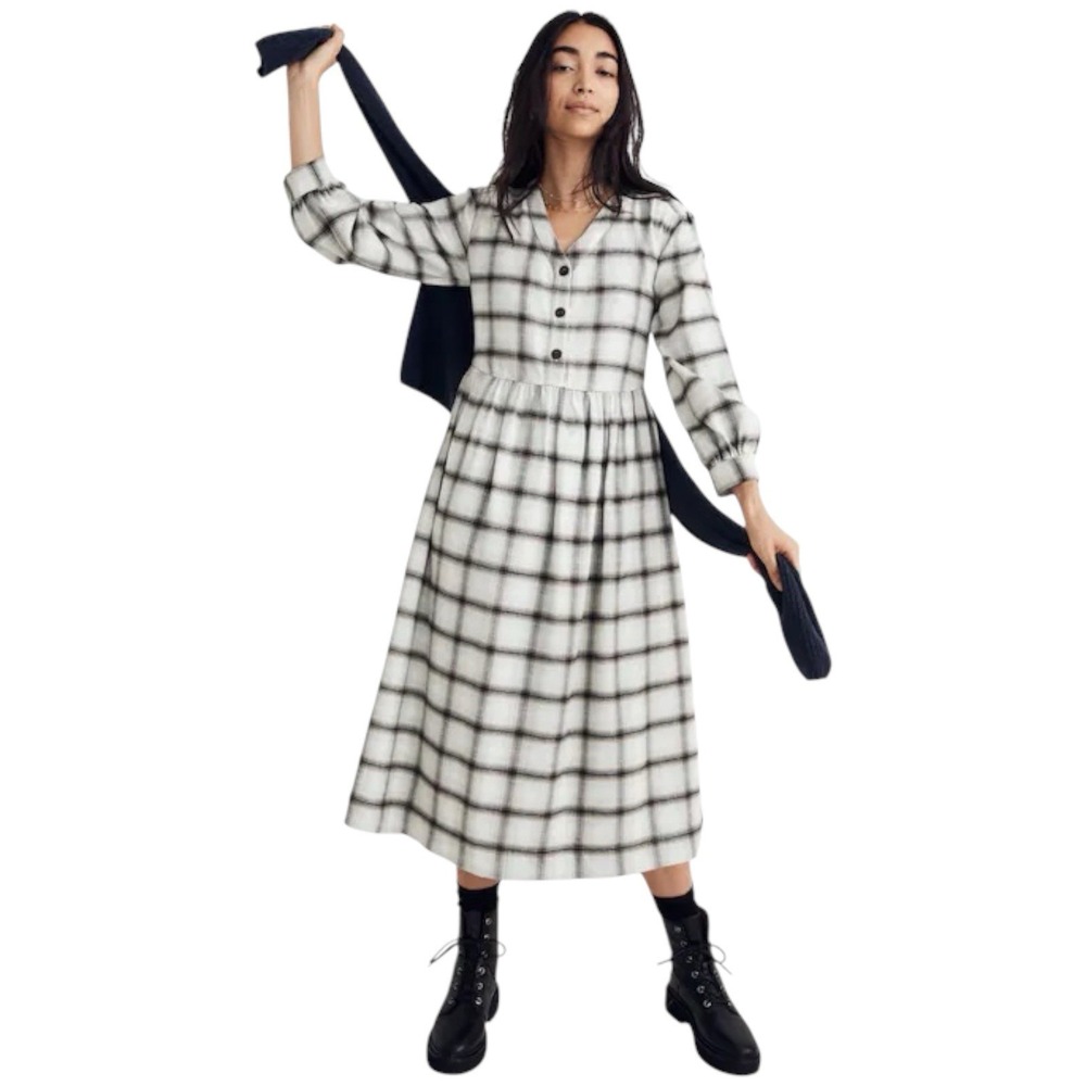 Madewell Flannel Plaid Midi Dress Celestial Blue Button Front. Cotton. Sz 0